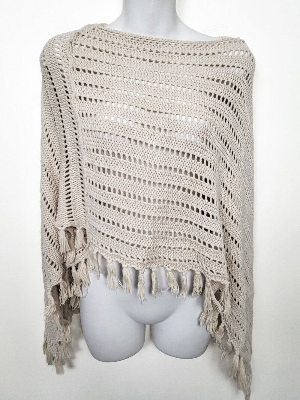Beige Boho Open-Knit Fringe Cape Poncho - One Size Fits All